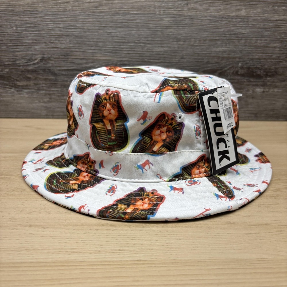 Original‎ Chuck Hat Bucket Fitted One Size White Cat Pharaoh Allover Print NWT